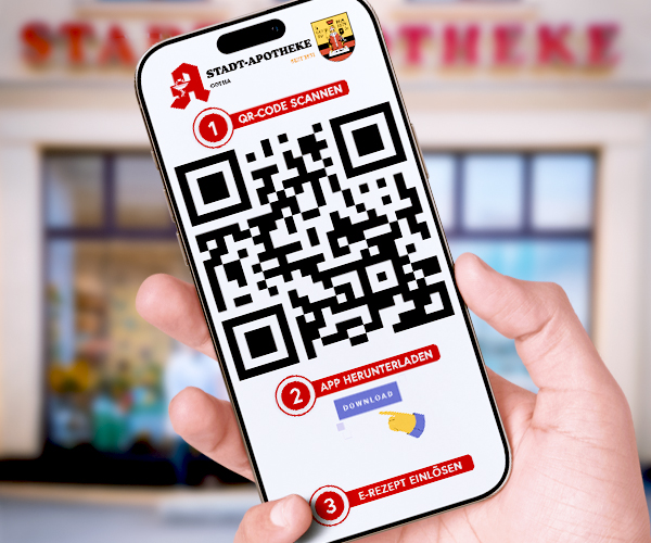Smartphone zeigt den QR-Code der Stadt-Apotheke zur App-Download-Seite und Einlösung von E-Rezepten.
